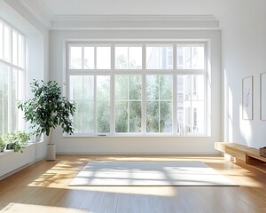Fototapeta premium Bright and airy minimalist apartment interior with large windows, wooden floors, and a simple rug