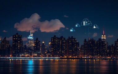 Obraz premium Manhattan cityscape at night with digital network and cloud storage icons, representing online data technology, connectivity, and cloud computing in modern urban life