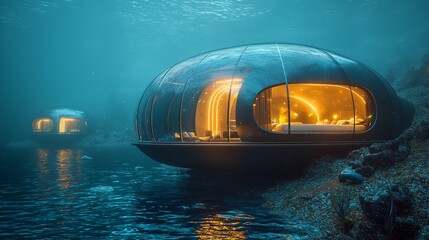 Obraz premium Futuristic Underwater Habitat with Glowing Interiors