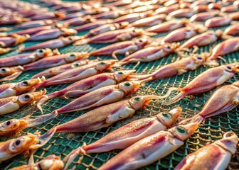 Coastal cuisine's sun-kissed treasure: dried squid, a minimalist seafood image.