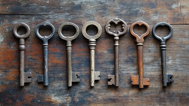 Collection of seven antique skeleton keys, vintage, nostalgic, ideal for collectibles, historical themes, and mysterious content.
