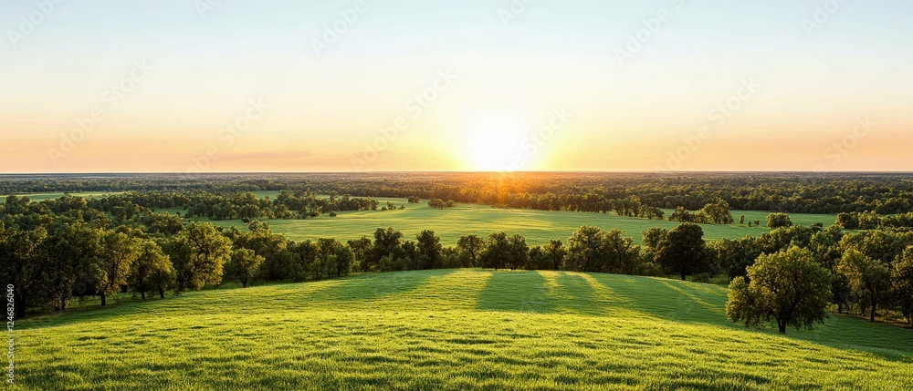 Poster green field with trees and sun setting in the background creating a serene landscape view