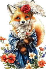 Charming Fox Character with Umbrella and Floral Arrangement