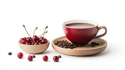 Red coffee cup with cherries and coffee beans on a wooden plate, white isolated background.