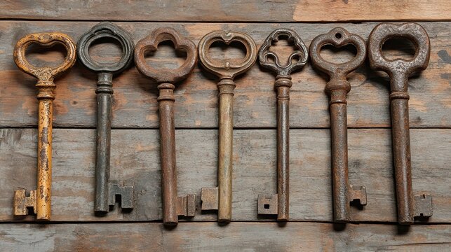 Collection of seven antique skeleton keys, vintage, nostalgic, ideal for collectibles, historical themes, and mysterious content.