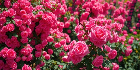A vibrant profusion of pink rose blossoms densely covering a flourishing bush, a breathtaking display of nature's beauty