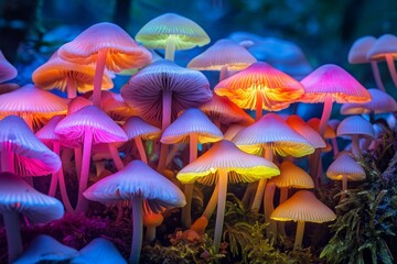 Fototapeta premium Vibrant bioluminescent mushrooms illuminate a mystical forest pathway during twilight hours
