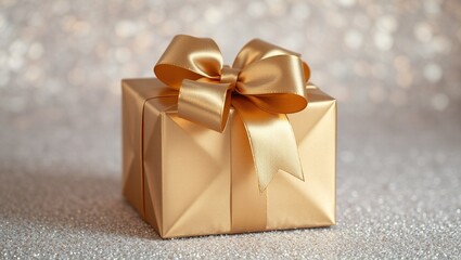 Obraz premium A luxurious gold-wrapped gift box with a large satin ribbon bow, set against a softly glowing glitter background. The composition exudes elegance and festivity