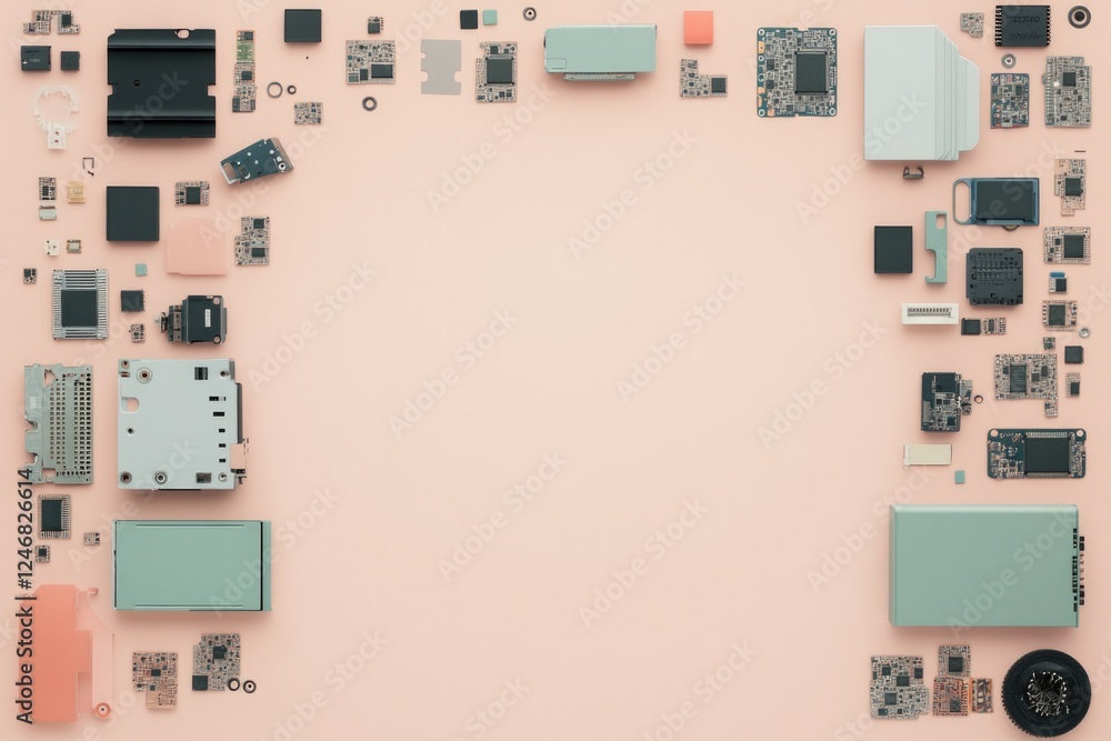 Poster creative flat lay of disassembled computer components forming geometric patterns on neutral surface