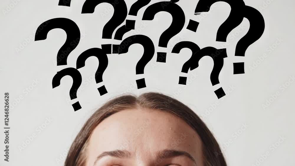 Poster question marks float above a woman's head against a white background, symbolizing deep thought, deci