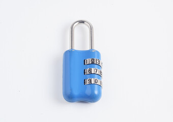 3 digit combination padlock. Travel luggage lock. Blue closed suitcase lock. Travel accessory.