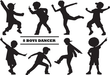 Boys dancer silhouette vector set, variant style of boy dancing flat black color illustration, isolated on a white background.
