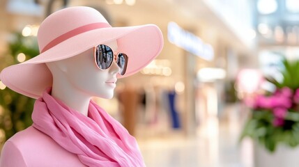 Stylish mannequin in pink attire with hat and sunglasses in fashionable store.