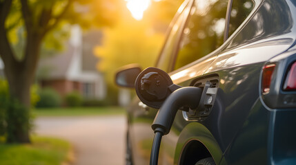 Naklejka premium Electric vehicle charging in home driveway at sunset with soft light illuminating the surroundings and a focus on the charging port