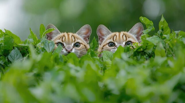 Two Rusty-spotted Cats peering from bushes