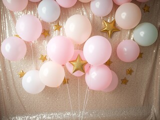 A dreamy composition with floating pastel balloons, golden stars, and a sparkling glitter background. The perfect setup for a magical birthday celebration