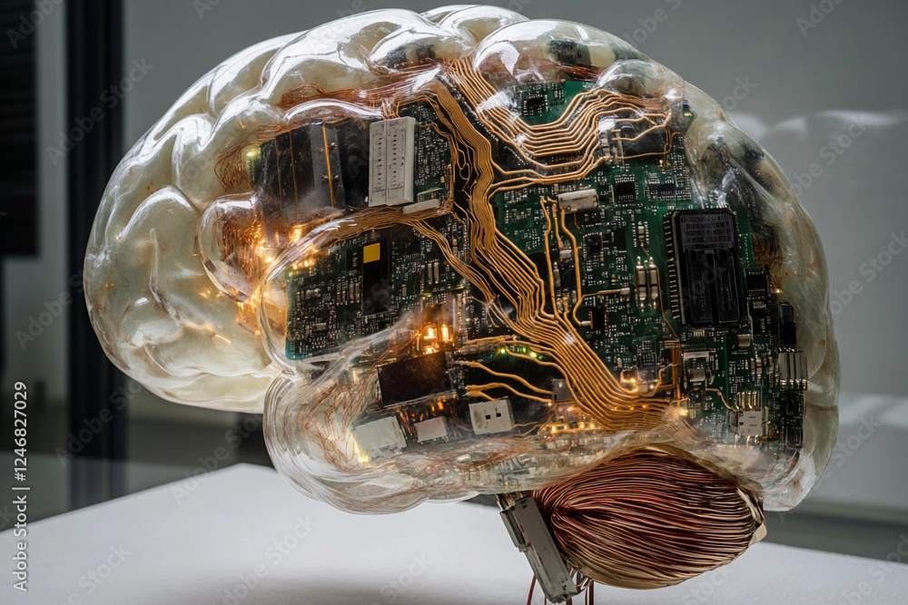Fototapete futuristic brain design featuring circuit board elements merging technology with organic structure