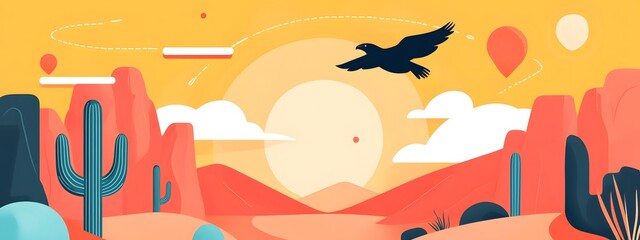 A simple vector illustration of a sunset in the desert, featuring cacti and sandstone buttes
