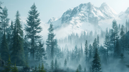 Fototapeta premium serene forest landscape with towering pine trees and majestic snow capped mountains, enveloped in mystical fog