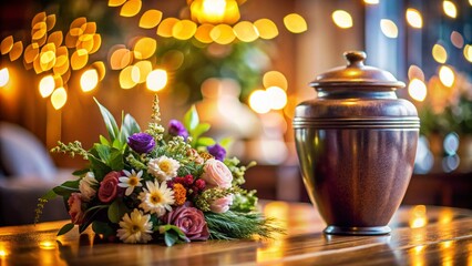 Macro Close-Up of Cremation Urn with Blurred Floral Background in Home Setting