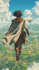 Fototapeta premium Adventurous journey of a traveler in a fantasy landscape open fields digital art aerial view exploration