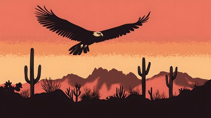 A simple vector illustration of a sunset in the desert, featuring cacti and sandstone buttes
