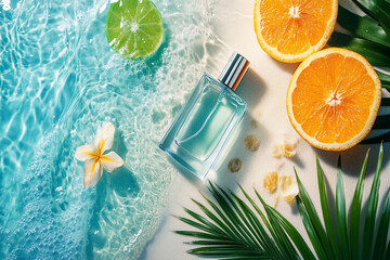 Fresh and trendy perfume design with citrus fruits, beach background, and tropical elements creating vibrant and refreshing atmosphere