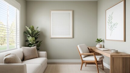 Cozy Minimalist Home Office with Natural Light and Green Accents