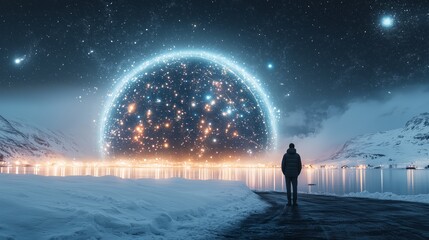 Fototapeta premium Dreamlike Landscape with Cosmic Portal Over a Frozen Lake