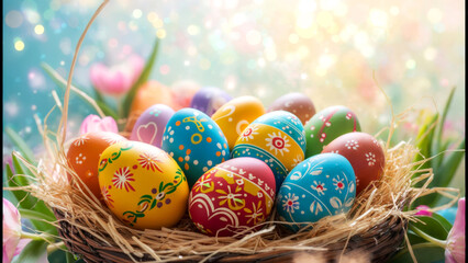Colorful easter eggs resting in a straw basket with a sparkling spring background
