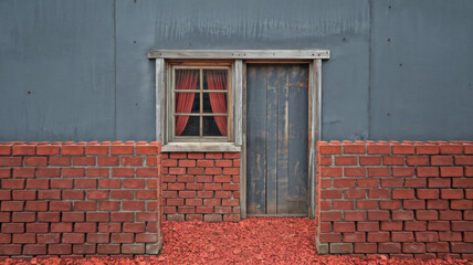 A red brick wall. There is a window with a wooden frame and a red curtain in the wall. There is a red door with a red handle. The ground is covered with red gravel.