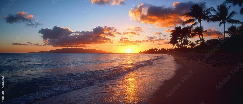 Poster beach scene featuring a sunset view with silhouetted palm trees and calm ocean waves in the backgrou