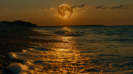Obraz premium Golden waves shimmer peacefully in the evening light, reflecting a large moon on the horizon