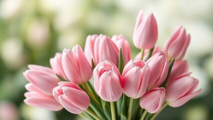 Fototapeta premium A delicate bouquet of pale pink tulips, showcasing their soft petals and vibrant green stems, sits against a blurred natural background.