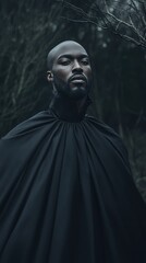 Mysterious figure in black cloak enchanted forest portrait dark environment close-up haunting concept