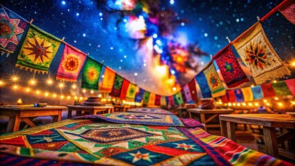 Obraz premium Macro Festive Flags Night Sky Tabletop Photography - Vibrant Colors, Blurred Background