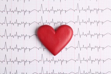 Cardiology. Red decorative heart on paper with cardiogram, top view
