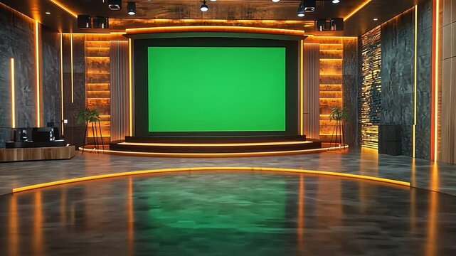 "Modern Studio with Green Screen: An expansive, professionally designed studio with a prominent green screen, perfect for broadcasting, presentations, or creative content creation.