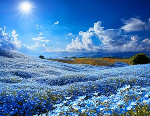 一面に広がるネモフィラの花畑と青空