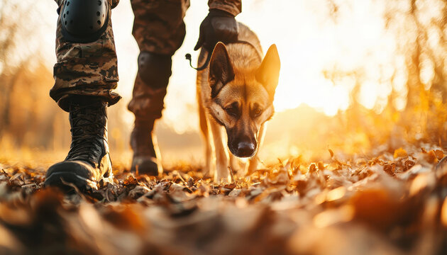 Military dog K9 unit. A soldier tracking though a forest with a German Shepherd in a sunlit autumn setting, surrounded by fallen leaves.