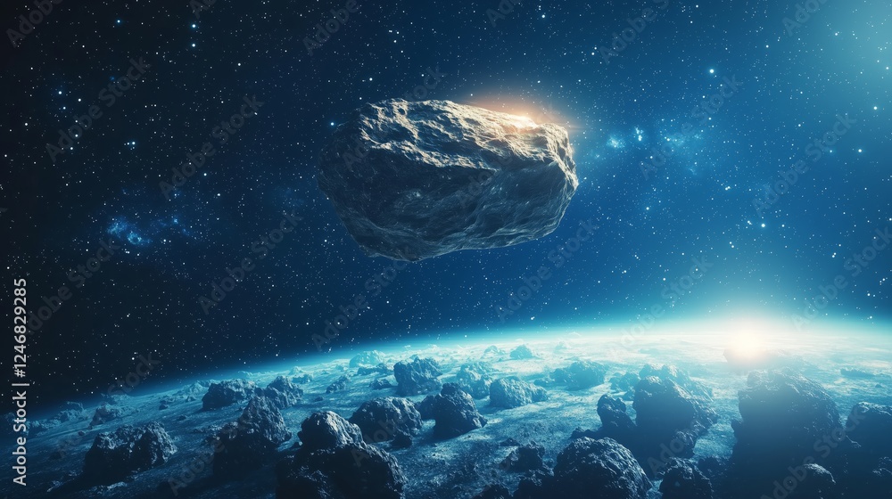 Poster celestial asteroid floating above planetary surface
