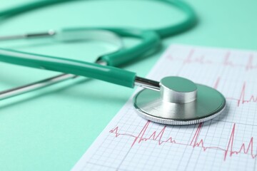 Cardiology. Stethoscope and cardiogram on turquoise background, closeup