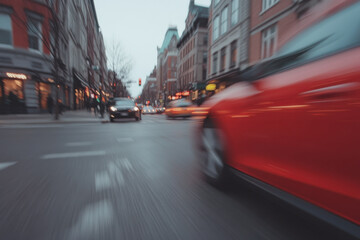 Naklejka premium A blurry shot of a red car driving down a busy street
