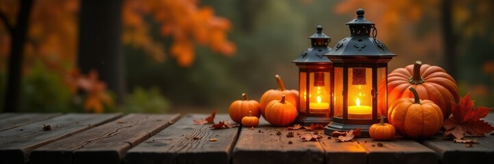 Warmly glowing lanterns surround a rustic wooden table with autumn decorations, gourds, pumpkins