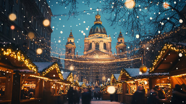 A Christmas market scene at Saint Stephen's Basilica in Budapest, illuminated by festive lights and holiday charm.