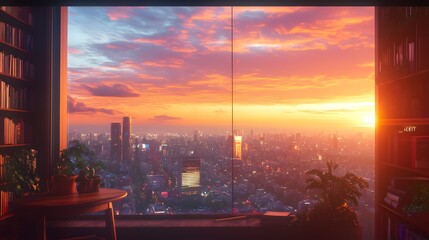 A breathtaking sunset view from an apartment window in the city. The sky is awash in vibrant oranges and pinks. A small wooden table sits under the window, with a few plants placed on top. On the