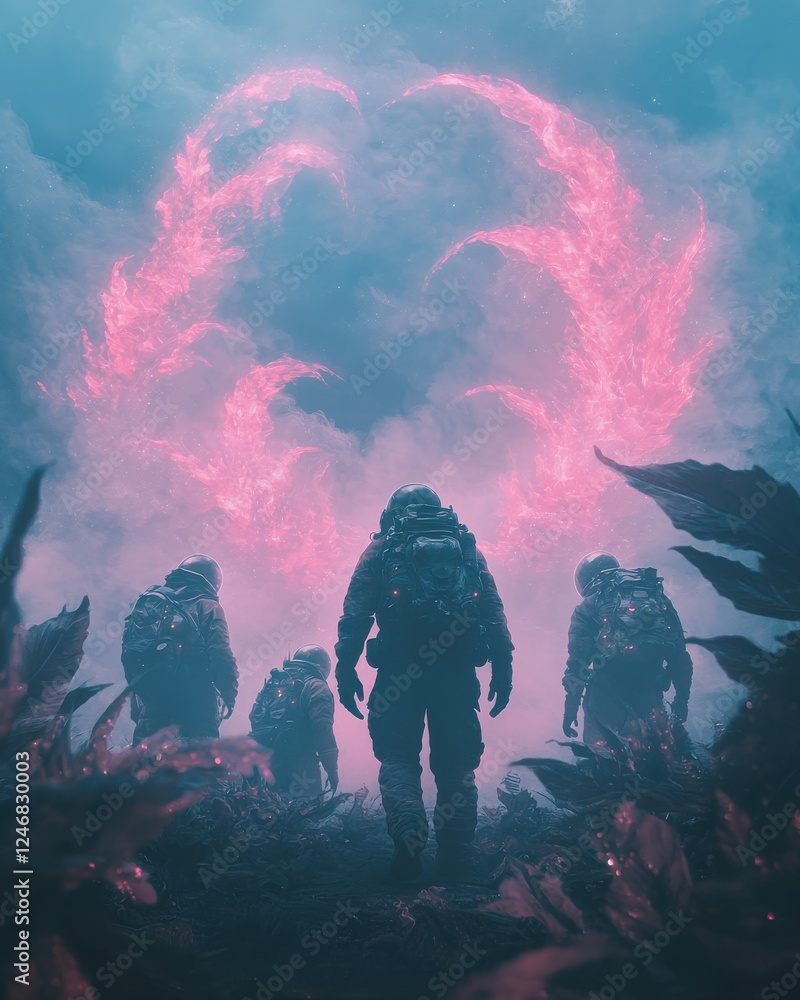 Poster exploring the unknown astronauts encountering cosmic phenomena in a surreal alien landscape