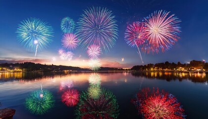 Fototapeta premium Colorful fireworks illuminate the serene lake under the summer night sky