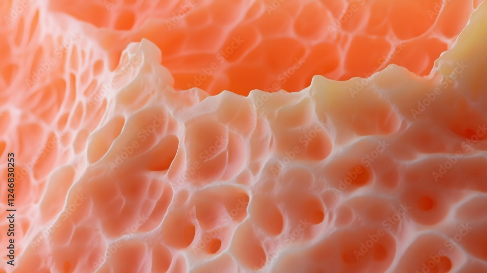 Poster abstract macro of porous orange surface, cellular structure close-up