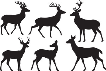 Female deer silhouette vector set, flat black color deer icon design on a white background.